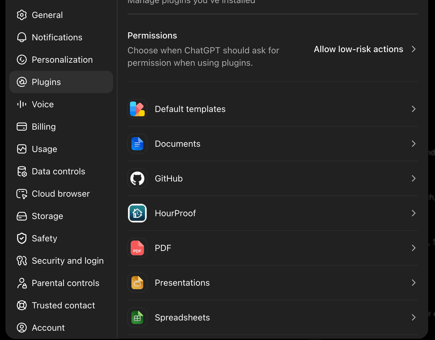 ChatGPT plugin settings showing HourProof installed