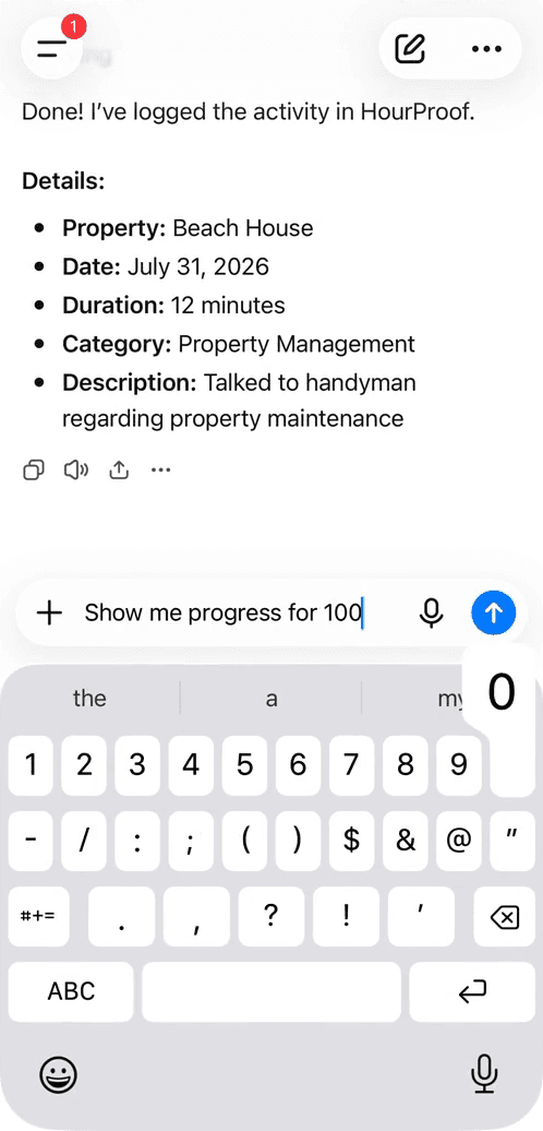 ChatGPT confirming an activity logged in HourProof at Beach House: 12 minutes of property management, talking to the handyman