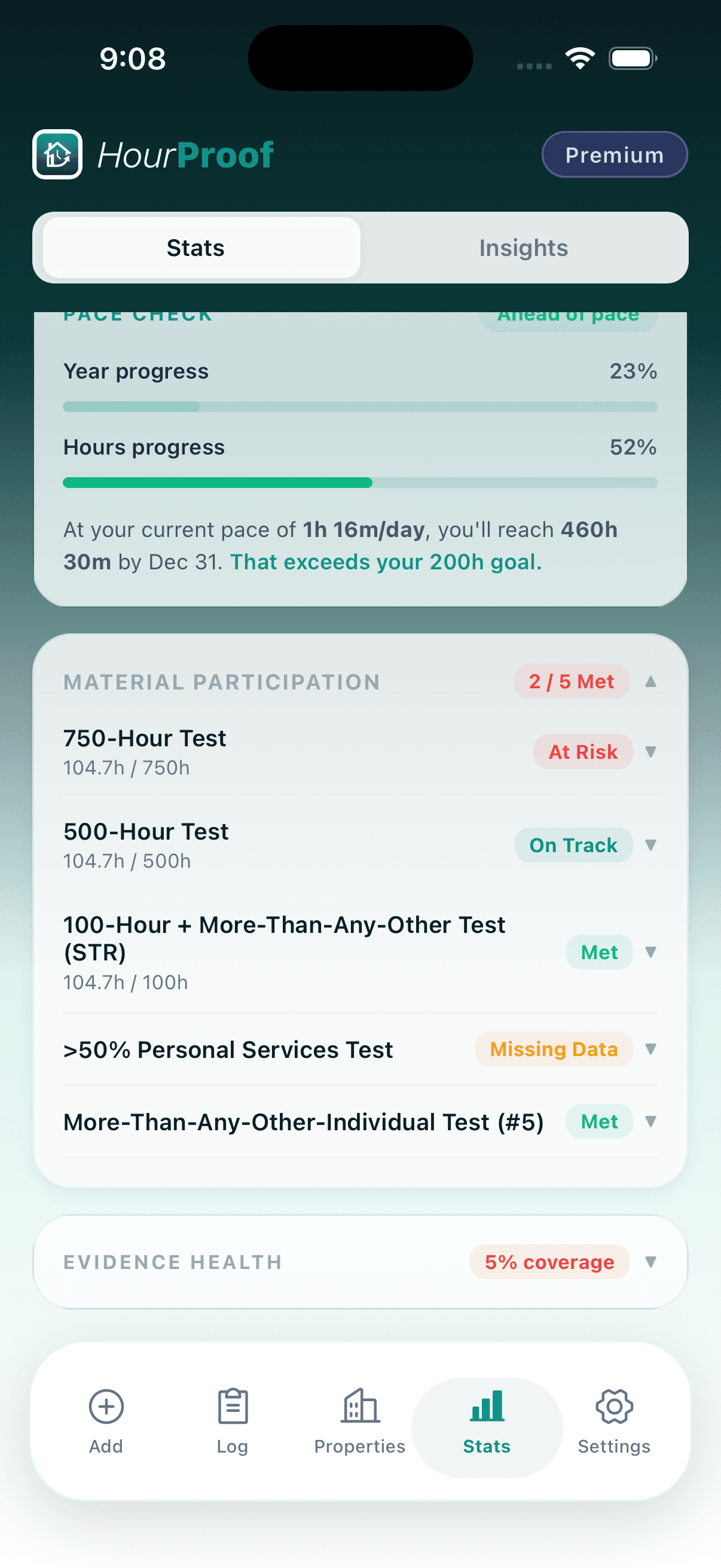 Evidence Attachments screenshot in the HourProof app