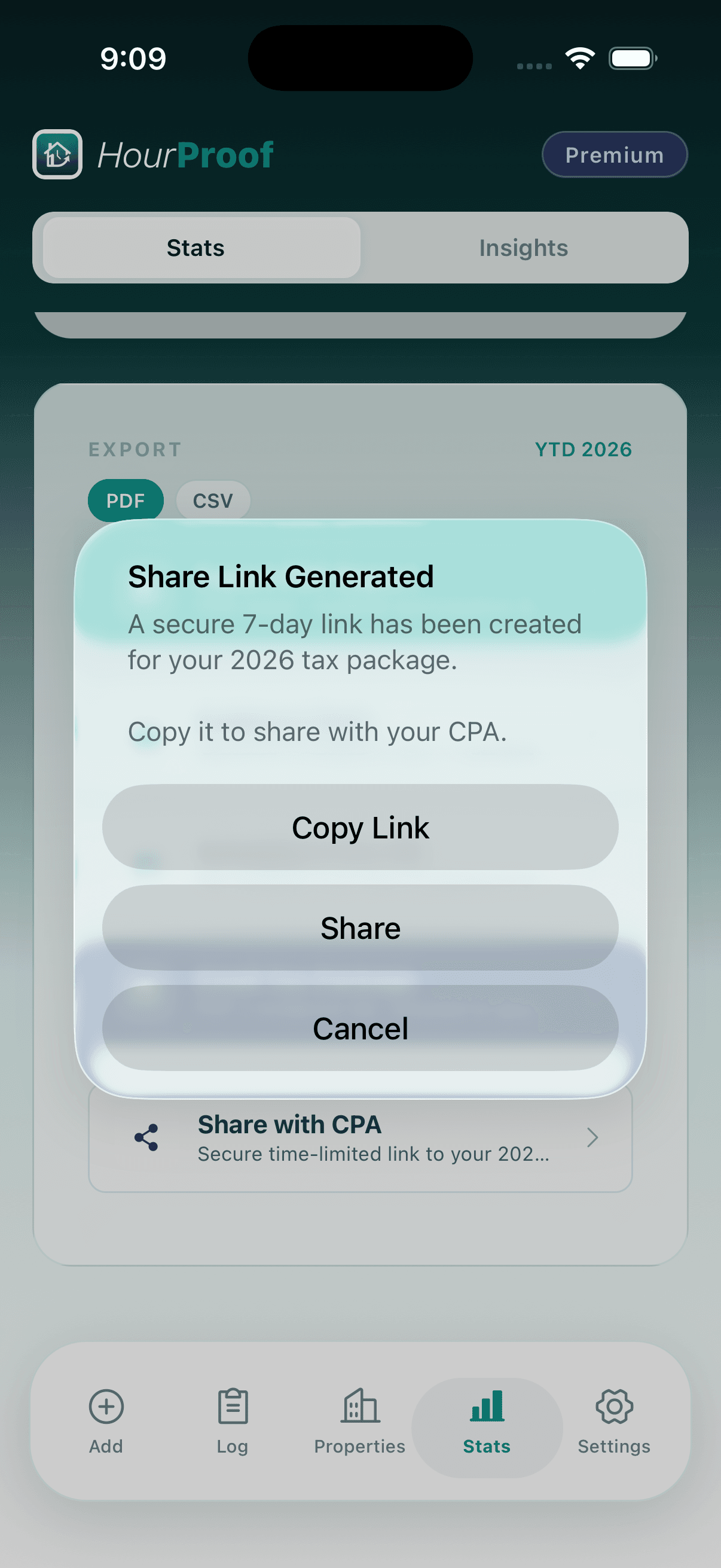 Reports & Export screenshot in the HourProof app