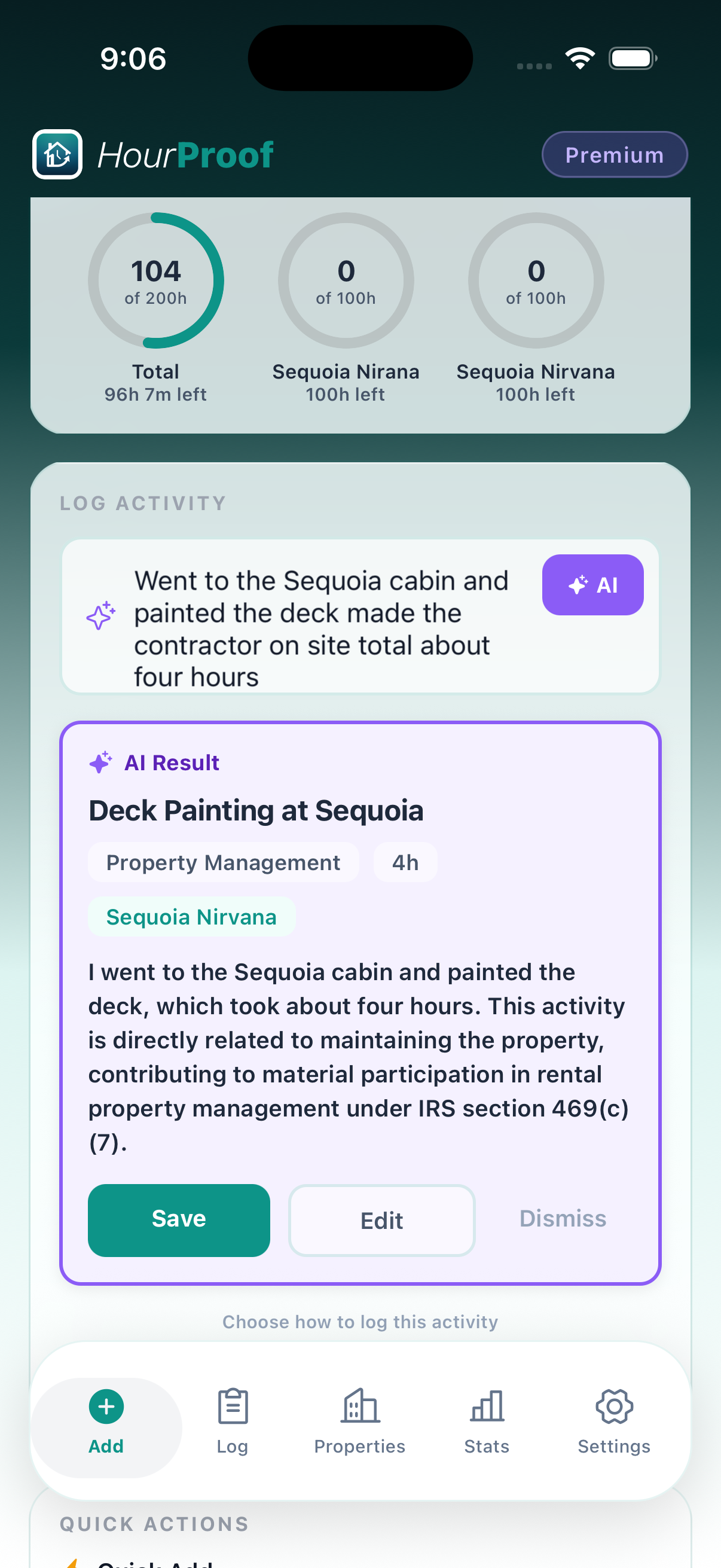 AI-Assisted Logging screenshot in the HourProof app